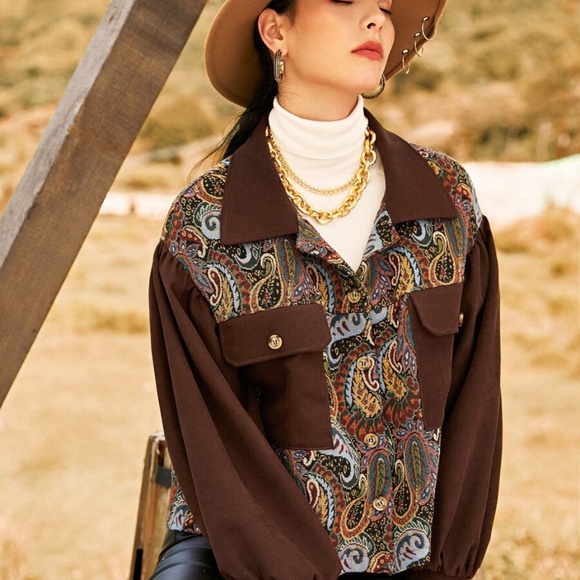 brown paisley print pocket wide sleeve jacket coa - Picture 3 of 6